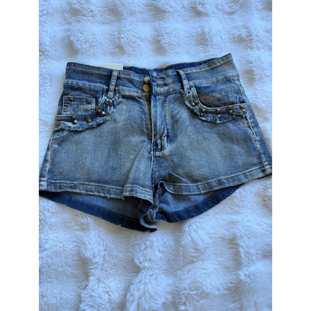Womens Acid Wash Studded Denim Shorts Blue High Waisted Frayed Festival Size M